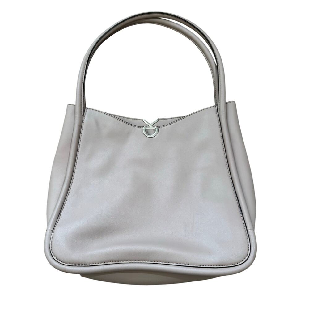 Calvin Klein Taupe Beige Leather CK Logo Shoulder Hobo Bag Purse - Picture 1 of 14